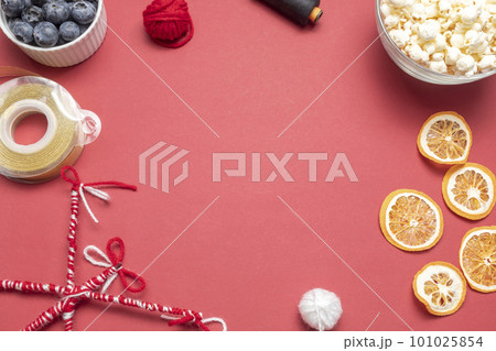 Mockup Survakane, Survachka. Top View Cornel Stick With Decorations, Dry Fruits, Threads, Ribbon,Popcorn. Bulgarian Tradition Of Clapping Each Other For Happiness,Health.Flatly, Copy space,Horizontal 101025854