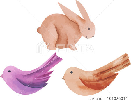 Vector illustration of birds and rebbit in simple hand drawn. Natural print. Easter decor 101026014