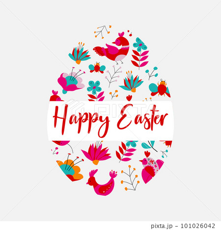 Happy Easter banner. Trendy Easter design egg with birds and flowers 101026042