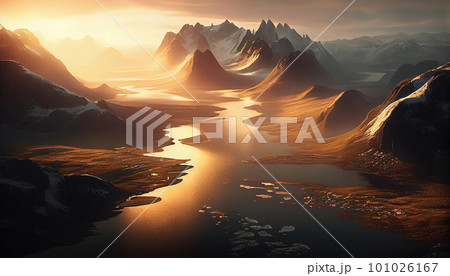 Beautiful landscape with high mountains and lagoon water with sunlight golden sunrise, nature, Generative AI 101026167