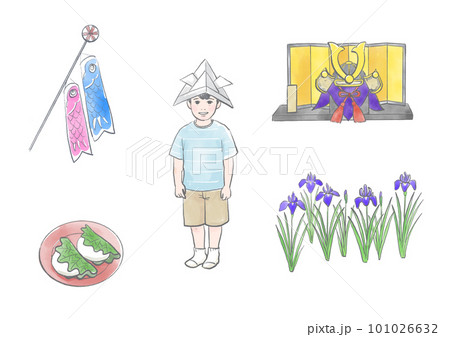 端午の節句を祝う兜をかぶった男の子と鯉のぼり柏餅花菖蒲兜飾り 101026632