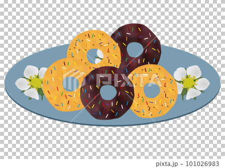 "3 types of donuts" plain chocolate chocolate chip each colorful dish floral pattern 101026983