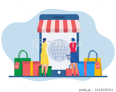 Online shopping , women buying online Discount sale store  landing page website illustration flat vector template. 101029241