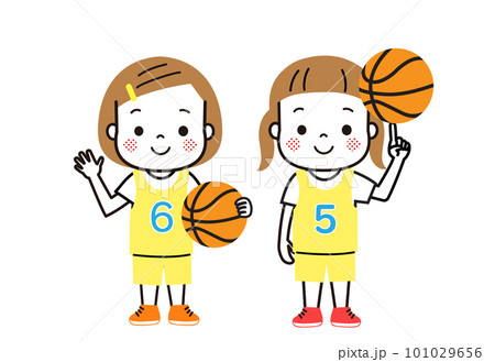 バスケットボールをする女の子　笑顔で手をふる二人の女の子 101029656