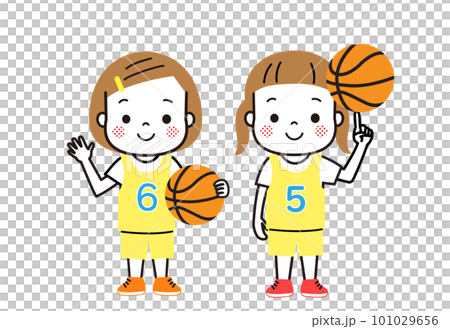 バスケットボールをする女の子　笑顔で手をふる二人の女の子 101029656