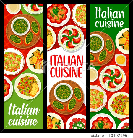Italian cuisine meals banners. Stuffed artichoke, Crostini with Pesto sauce and Caesar salad, pasta with smoked fish, eggplant Caponata, tomato mozzarella Caprese and chicken salads, beef Carpaccio Italian cuisine meals banners. Stuffed artichoke, Crostini with Pesto sauce and Caesar salad, pasta with smoked fish, eggplant Caponata, tomato mozzarella Caprese and chicken salads, beef Carpaccio 101029963