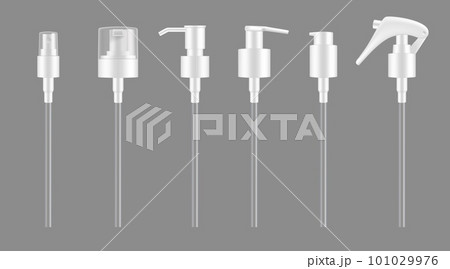 Pump droppers, isolated vector 3d bottle or cosmetic container spray caps mockup. White plastic pumps for lotion, shampoo or atomizer sprayer and liquid soap dispenser lid with trigger and nozzle Pump droppers, isolated vector 3d bottle or cosmetic container spray caps mockup. White plastic pumps for lotion, shampoo or atomizer sprayer and liquid soap dispenser lid with trigger and nozzle 101029976
