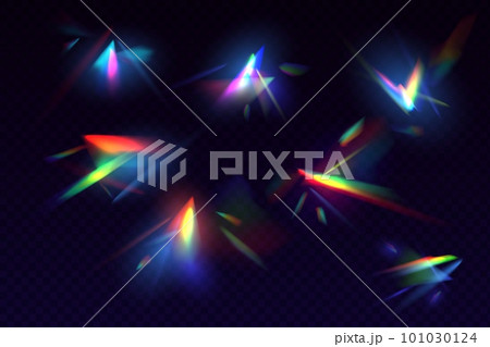 Prism light, rainbow crystal flare reflection, lens refraction. Realistic 3d vector set of glass, jewelry, diamond or gemstone glare. Optical physics effect isolated iridescent spectrum overlay shine 101030124