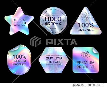 Quality hologram stickers. Official certified, original and premium product iridescent vector labels. Star, circle, triangle and pentagon shape holographic stickers, quality guarantee symbol or tag 101030128