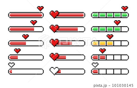 Pixel heart loading bars, 8 bit video game arcade assets and life status, vector props icons. Pixel heart loading progress bar with yellow half, green full and red empty load of life or energy meter 101030145
