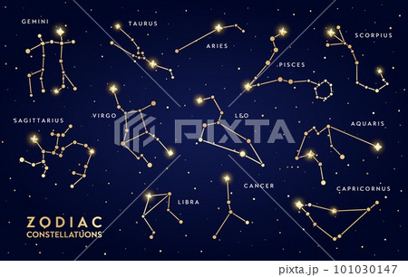 Golden zodiac constellations. Vector bright gold Gemini, Taurus, Aries, Pisces and Scorpius, Aquarius, Leo, Virgo or Sagittarius, Libra, Cancer and Capricornus astronomical clusters shine in night sky Golden zodiac constellations. Vector bright gold Gemini, Taurus, Aries, Pisces and Scorpius, Aquarius, Leo, Virgo or Sagittarius, Libra, Cancer and Capricornus astronomical clusters shine in night sky 101030147