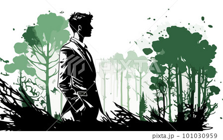 Color drawing of an oriental city, palm trees, skyscrapers and a profile of a man. For your logo or sticker design 101030959