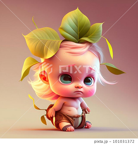 Cute little baby girl with green leaves. 3d illustration. 101031372