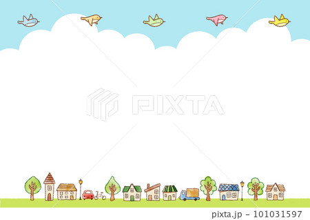 青空を飛ぶ鳥と街並みの背景 101031597