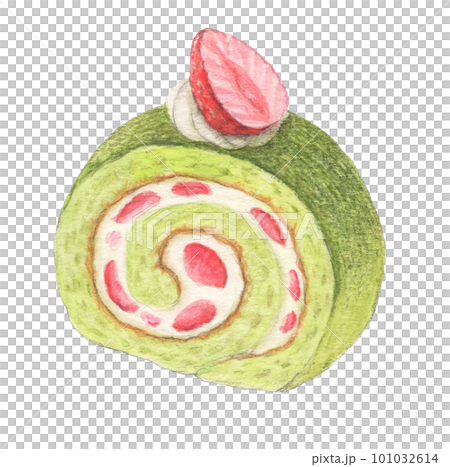 抹茶と苺のロールケーキ　水彩色鉛筆イラスト 101032614