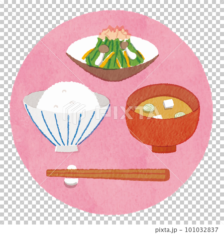 A simple illustration of rice, miso soup and side dishes 101032837