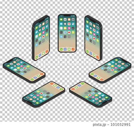 黒いスマートホンのアイソメイラストセット08-04_ホーム画面 101032991