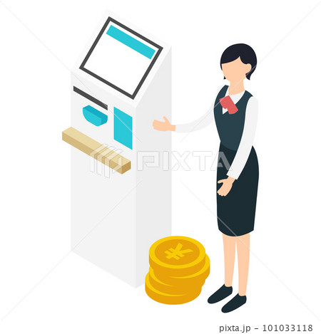 セルフレジに案内するスタッフとコインのアイソメトリックイラスト セルフレジに案内するスタッフとコインのアイソメトリックイラスト 101033118
