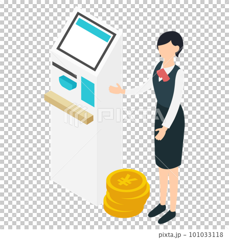 セルフレジに案内するスタッフとコインのアイソメトリックイラスト セルフレジに案内するスタッフとコインのアイソメトリックイラスト 101033118