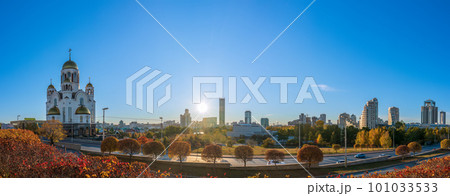 Temple in autumn in beautiful orange sunset light. Temple on Blood, Yekaterinburg, Russia 101033533