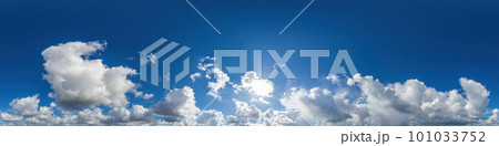 Blue sky panorama with puffy Cumulus clouds. Seamless hdr pano in spherical equirectangular format. Sky dome or zenith for 3D visualization, game and sky replacement for aerial drone 360 panoramas. 101033752