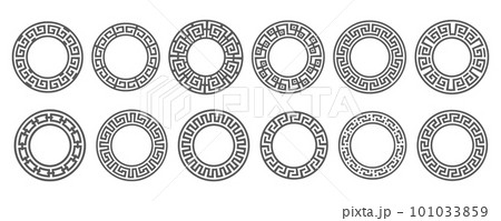 Greek round border. Circle meander frame with ancient ornament. Roman mediterranean pattern decor. Vector set 101033859