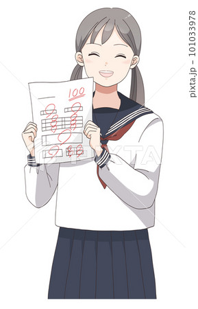 テストで100点満点を取って喜ぶ学生服の女子生徒(ツインテールへア) テストで100点満点を取って喜ぶ学生服の女子生徒(ツインテールへア) 101033978