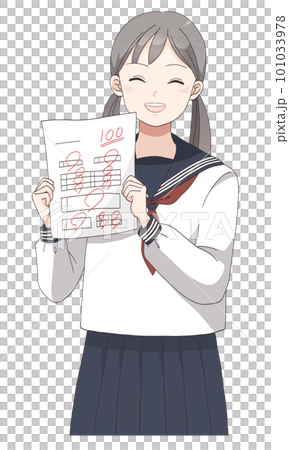 テストで100点満点を取って喜ぶ学生服の女子生徒(ツインテールへア) テストで100点満点を取って喜ぶ学生服の女子生徒(ツインテールへア) 101033978