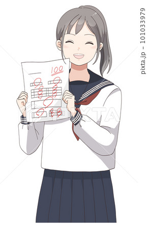 テストで100点満点を取って喜ぶ学生服の女子生徒(ポニーテールへア) テストで100点満点を取って喜ぶ学生服の女子生徒(ポニーテールへア) 101033979