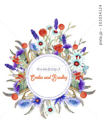 Wedding round frame of wild flowers. Watercolor. Flower arrangement. Greeting card template design. Invitation background. Vertical orientation Wedding round frame of wild flowers. Watercolor. Flower arrangement. Greeting card template design. Invitation background. Vertical orientation 101034124