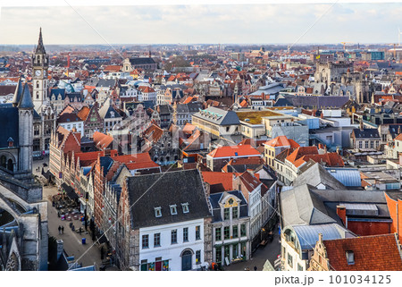 Aerial panoramic view of the historic city of Ghent, province of East Flanders, Belgium. High quality photo Aerial panoramic view of the historic city of Ghent, province of East Flanders, Belgium. High quality photo 101034125