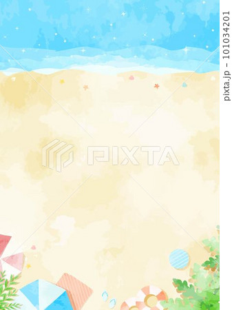 ほんわか可愛い手描きの海と砂浜の背景イラスト 101034201