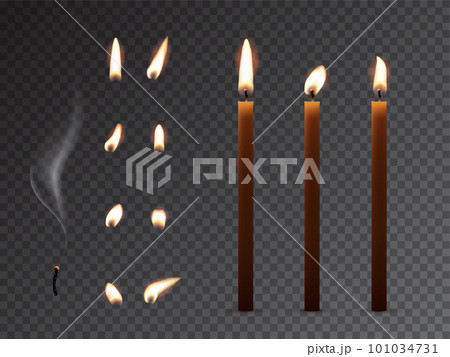 Church candle with set of glowing, extinct flame and smoke, 3D wax candle with wick Church candle with set of glowing, extinct flame and smoke, 3D wax candle with wick 101034731