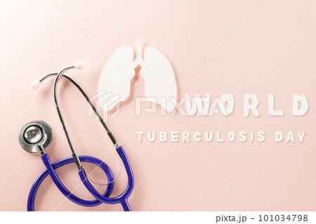 World Tuberculosis Day. Top view of lungs paper symbol and medical stethoscope on pink background, copy space, lung cancer awareness, concept of world TB day, Healthcare and medicine concept World Tuberculosis Day. Top view of lungs paper symbol and medical stethoscope on pink background, copy space, lung cancer awareness, concept of world TB day, Healthcare and medicine concept 101034798