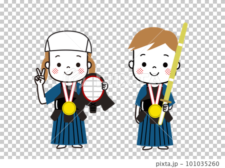 Children overjoyed to receive a gold medal Kendo 101035260