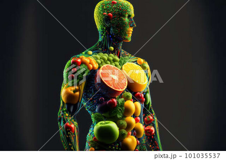 Human body Made of Fruits and Vegetables healthy lifestyle concept created with generative AI technology. High quality illustration 101035537