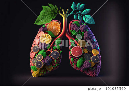 Human lungs Made of Fruits and Vegetables healthy lifestyle concept created with generative AI technology. High quality illustration 101035540