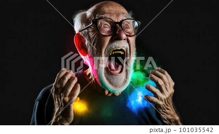 Delighted elderly man at rave party after accidental Ecstasy use created with generative AI technology. High quality illustration 101035542
