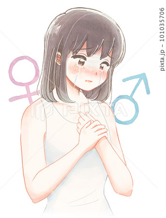 LGBTイラスト・性別に苦しむ、下着姿の10代の子ども 101035706