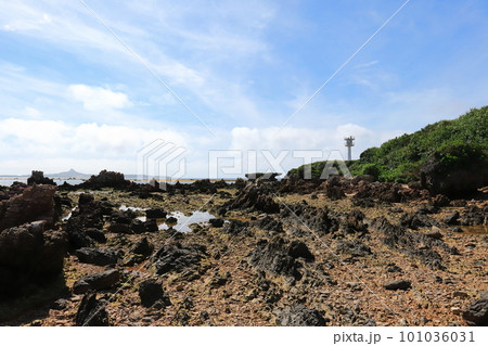 沖縄 本部 備瀬埼灯台と伊江島タッチュー 沖縄 本部 備瀬埼灯台と伊江島タッチュー 101036031