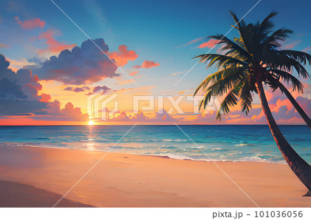 夕暮れのヤシの木がある海の風景 南国 夕暮れのヤシの木がある海の風景 南国 101036056
