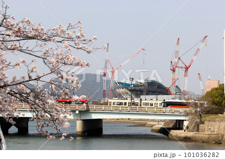 広島の新サッカースタジアム建設と元安橋と市電と桜 広島の新サッカースタジアム建設と元安橋と市電と桜 101036282