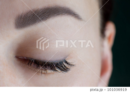Close-up of brown eye with beautiful long eyelashes, black eyeliner, ideal skin, eyebrow of young woman looking down. Close-up of brown eye with beautiful long eyelashes, black eyeliner, ideal skin, eyebrow of young woman looking down. 101036919