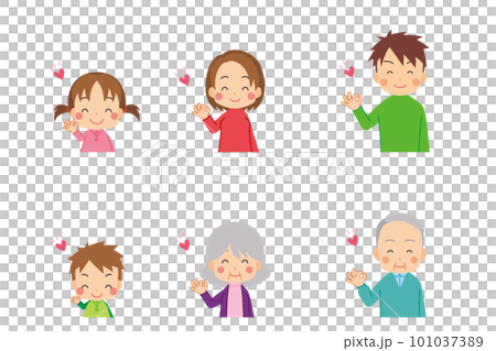 笑顔でOKサインを出す可愛い三世代家族のイラスト　セット　白背景　人物　上半身 101037389