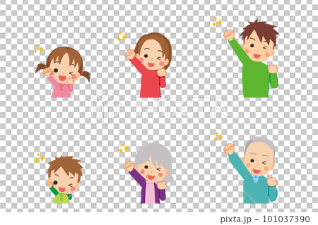 笑顔で応援している可愛い三世代家族のイラスト　セット　白背景　人物　上半身 101037390