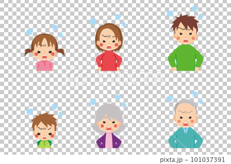 プンプン怒っている可愛い三世代家族のイラスト　セット　白背景　人物　上半身 101037391