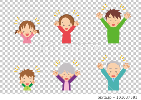 両手を上げて喜ぶ可愛い三世代家族のイラスト　セット　白背景　人物　上半身 101037393