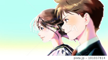 横顔の学生男女のイラスト、無季、シンプル背景、左スペースあり 横顔の学生男女のイラスト、無季、シンプル背景、左スペースあり 101037814