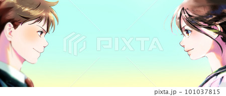 横顔の男女学生が向かい合うイラスト、無季、シンプル背景 101037815