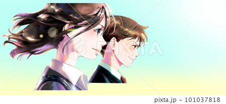 横顔の社会人男女の横並びのイラスト、無季、シンプル背景、右スペースあり 101037818